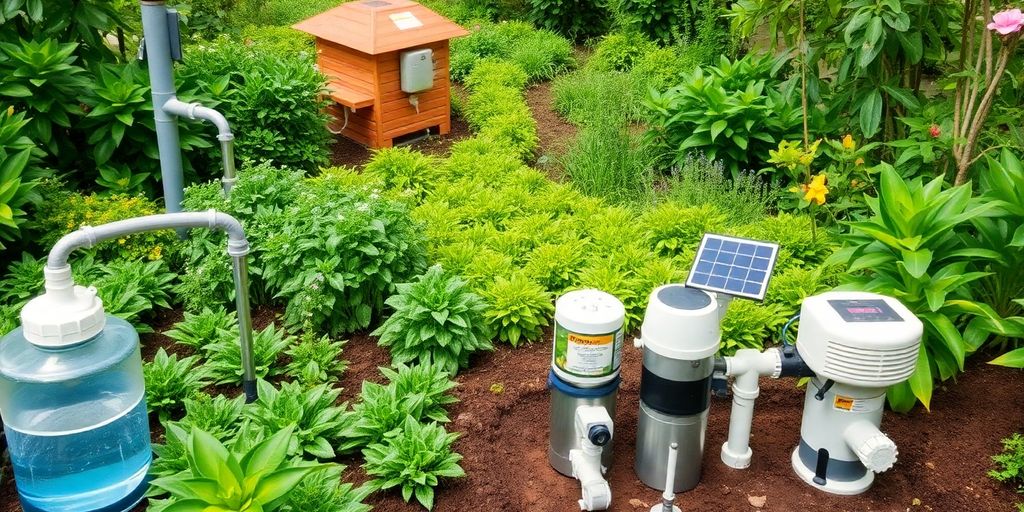 Modern water conservation technologies in a lush landscape.