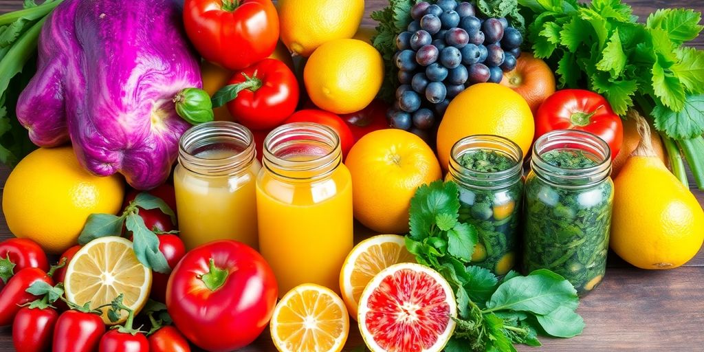 Fresh fruits and natural preservatives on a wooden table.