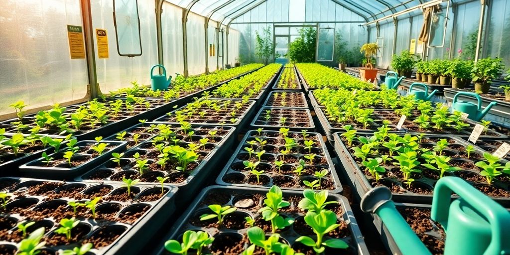 Greenhouse with trays of sprouting seeds and sunlight.