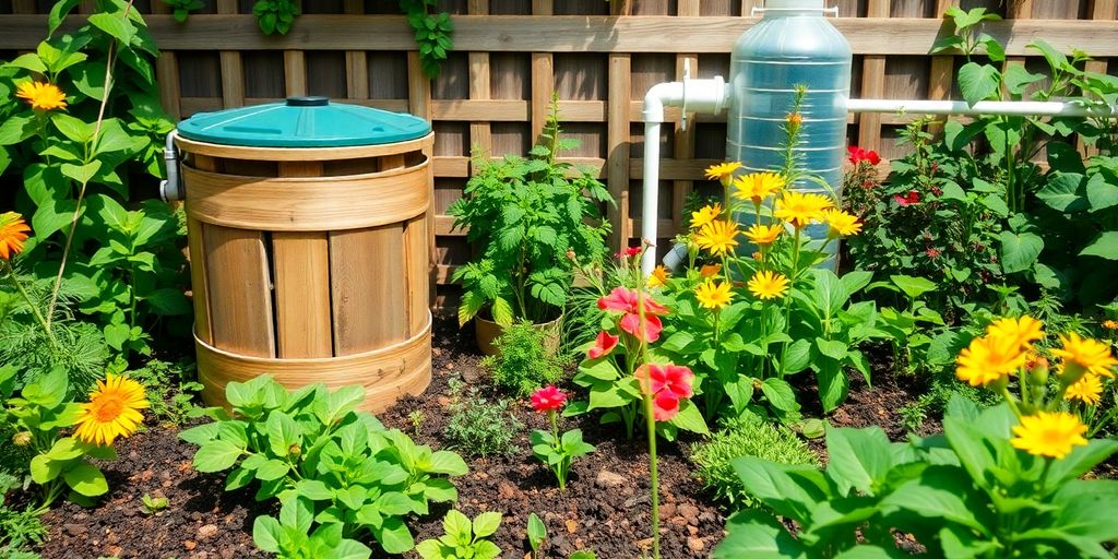 A lush garden with various plants and composting setup.