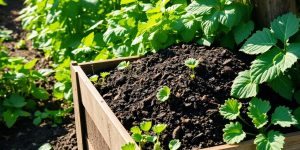 A vibrant vegetable garden with a compost bin.