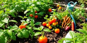Lush organic vegetable garden with colorful plants and tools.