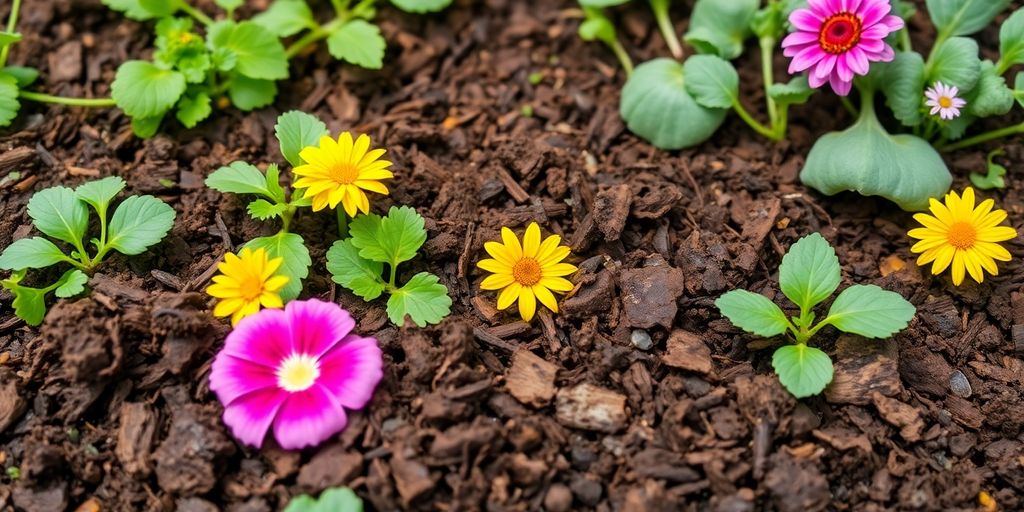 A close-up of rich organic compost with vibrant plants.