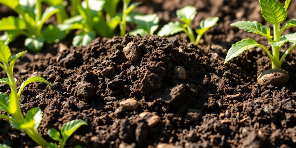Close-up of compost and manure enhancing soil quality.