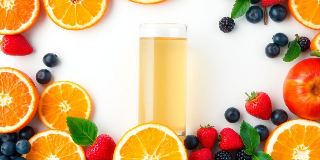 Colorful fruits and a glass of juice on display.
