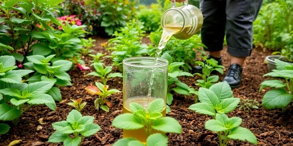 Garden plants being nourished with chicken manure tea.