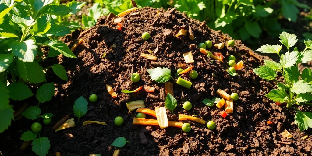 A healthy compost pile in a lush garden setting.