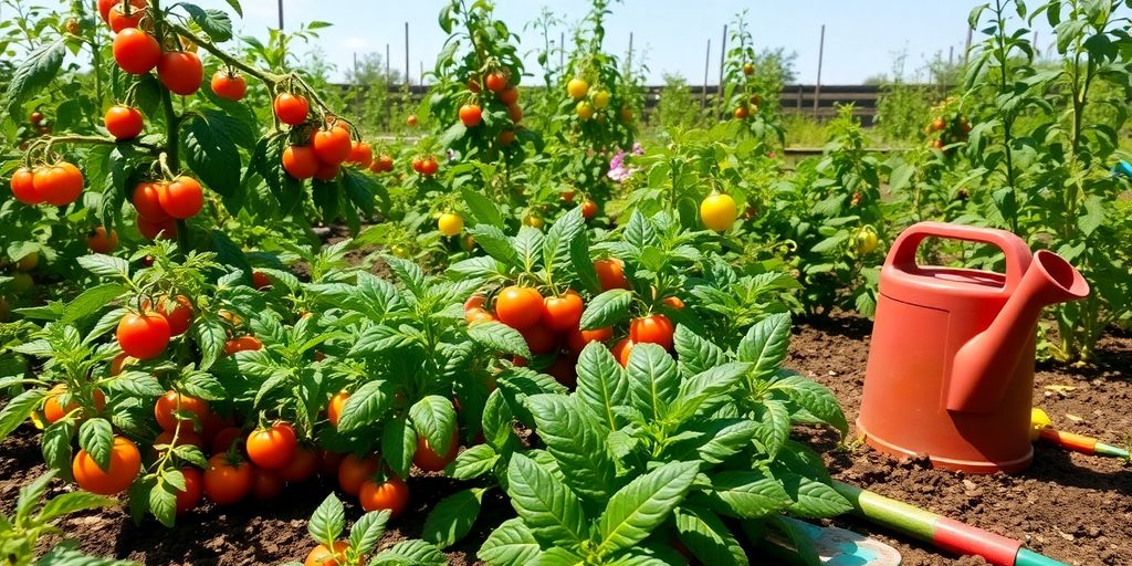 Colorful vegetables growing in a sunny garden setting.