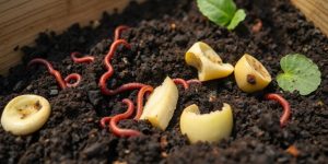 Worm farm with soil, worms, and compost.