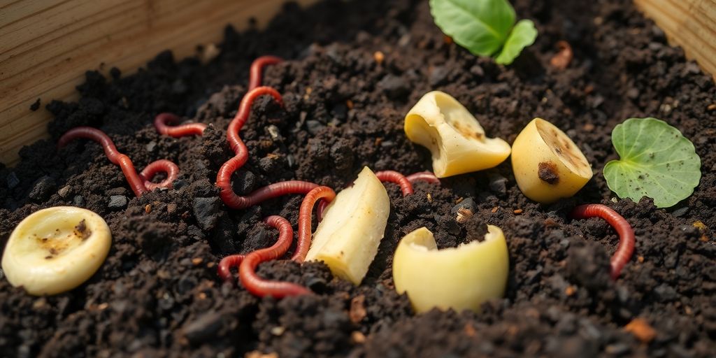 Worm farm with soil, worms, and compost.