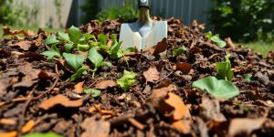 Compost heap, shovel, green plant scraps, brown leaves
