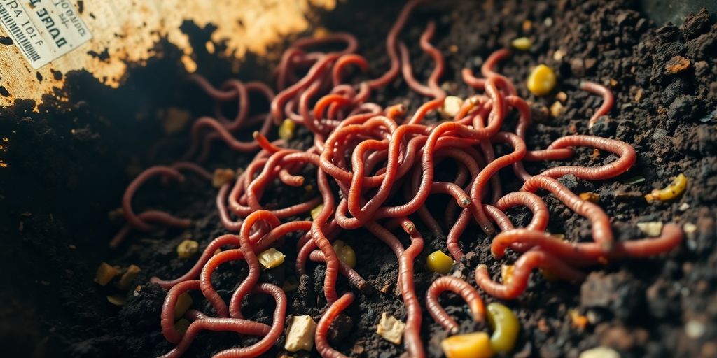 Close-up of healthy red wiggler worms in rich compost.