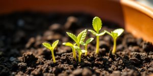 Vibrant seedlings sprouting from dark soil.