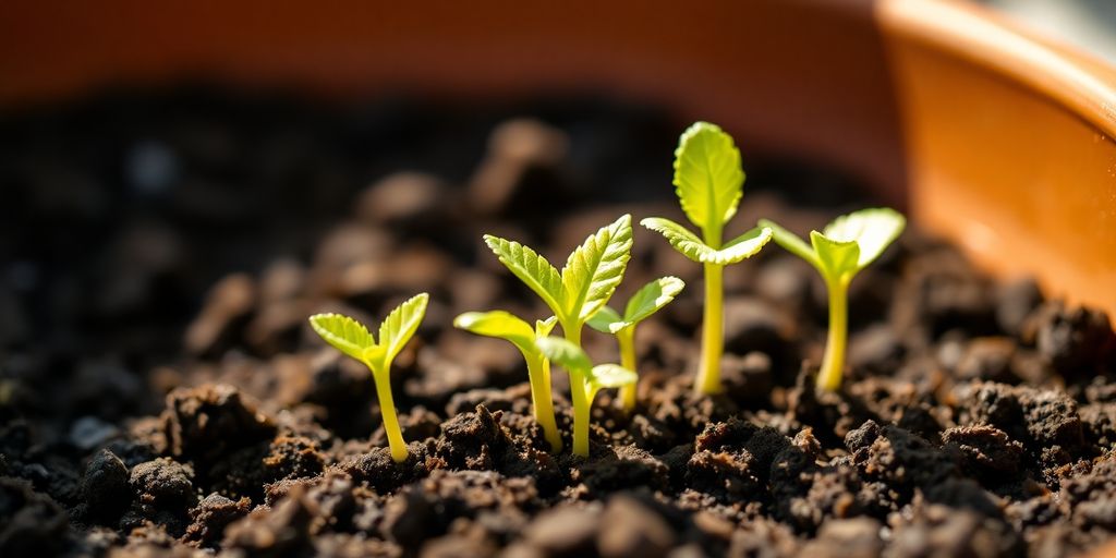 Vibrant seedlings sprouting from dark soil.