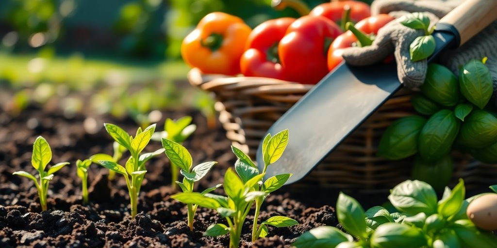 Vibrant garden with fresh vegetables and herbs.