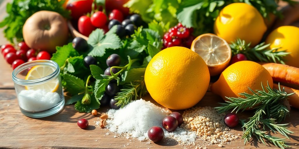 Colorful fruits, vegetables, spices, and herbs.