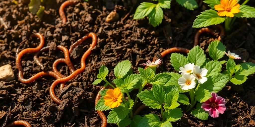 Healthy garden plants thriving with worm compost.