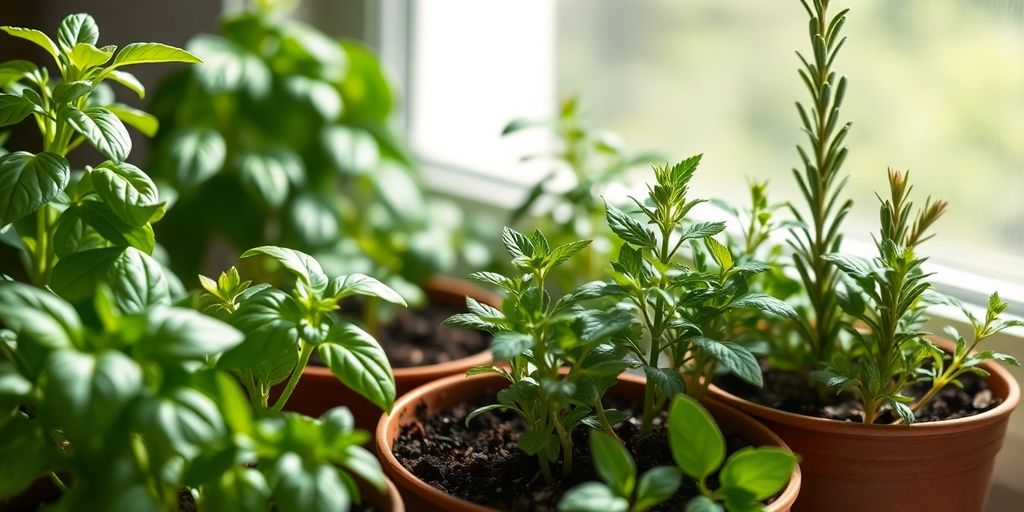 Vibrant herbs growing in a sunlit indoor garden.
