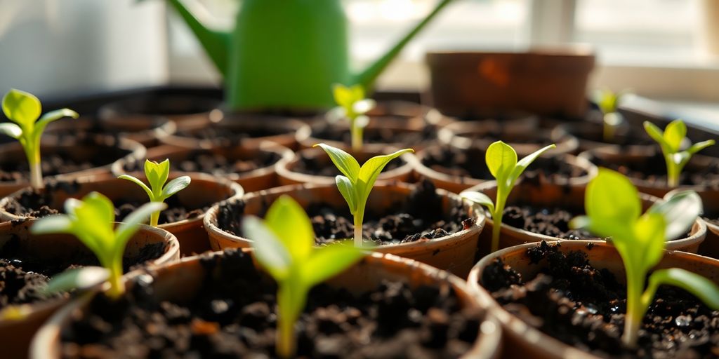 Tiny seedlings sprout from pots on a sunlit windowsill.
