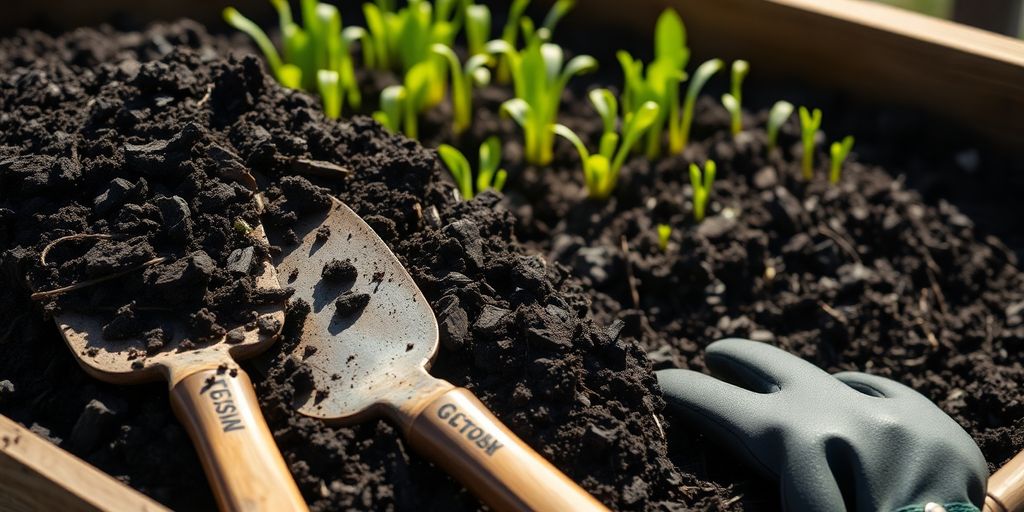 Rich compost pile with gardening tools.
