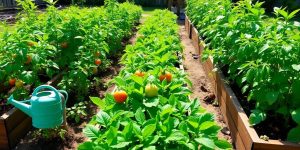 Raised garden beds with thriving green vegetables