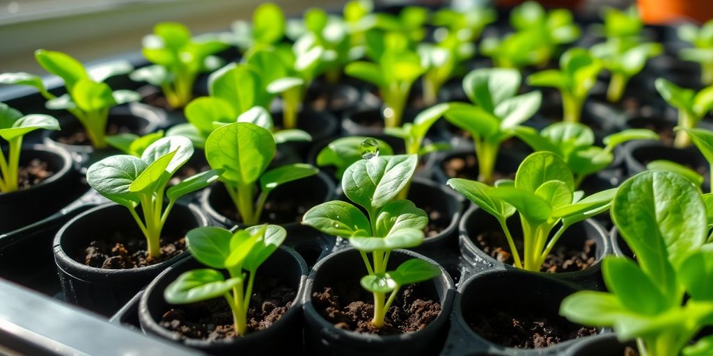 Seedlings sprouting in trays near a sunny window.