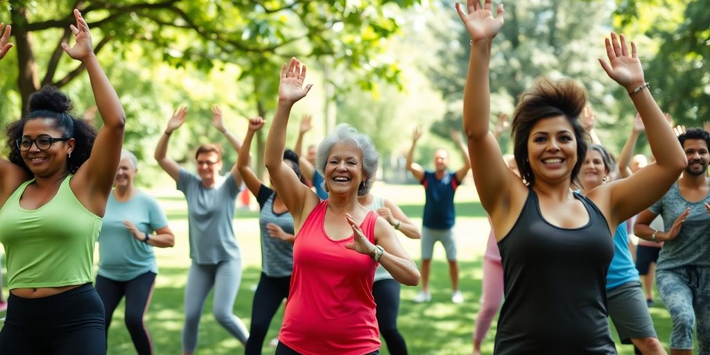 Diverse group exercising outdoors with vibrant energy.