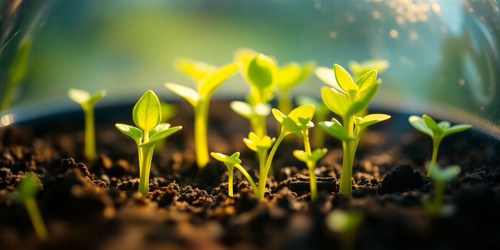 Healthy seedlings in a mini greenhouse.