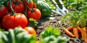 Bountiful vegetable garden with diverse, thriving plants.
