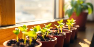 Seedlings sprout in small pots on a sunny windowsill.