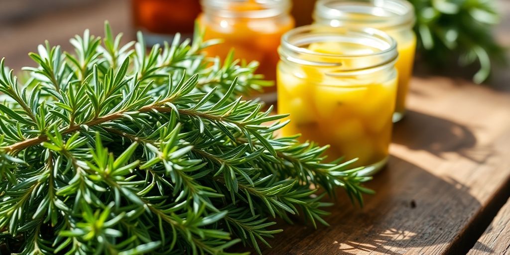Rosemary sprigs and bottled food on an old wooden table