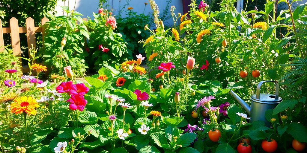 Vibrant garden with various plants, tools, and sunlight.