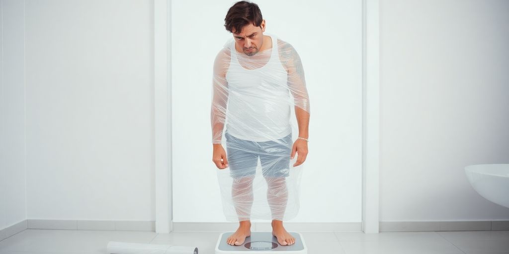 Woman wrapped in plastic, looking disappointed at scale.