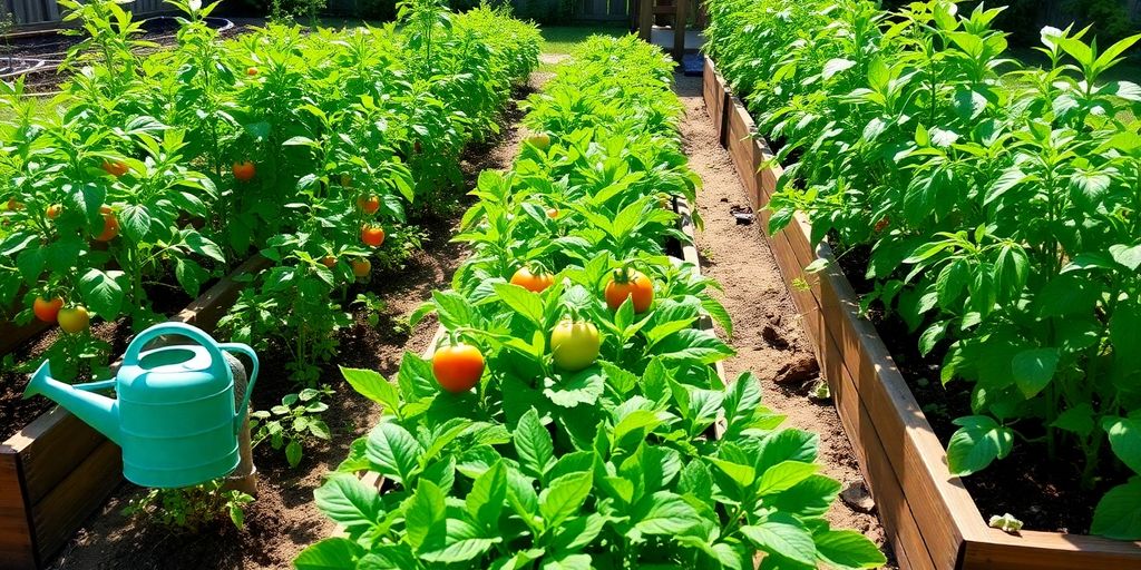 Raised garden beds with thriving green vegetables