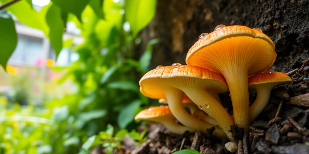 Colorful mushrooms thriving outdoors in a garden.