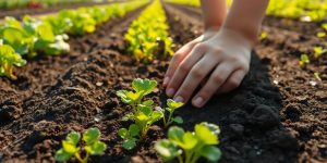Young gardener tending thriving vegetable plants in a sunny garden.