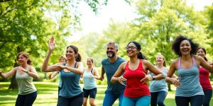 Diverse group exercising outdoors with vibrant energy.