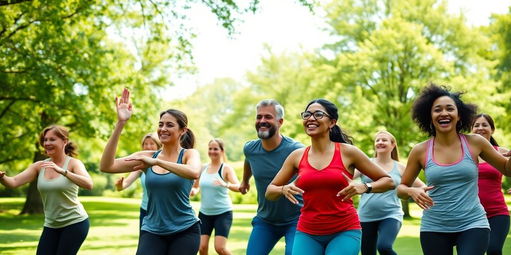 Diverse group exercising outdoors with vibrant energy.