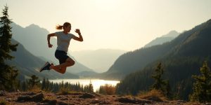 Person doing outdoor workout with scenic view.