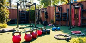 Backyard CrossFit gym with equipment.