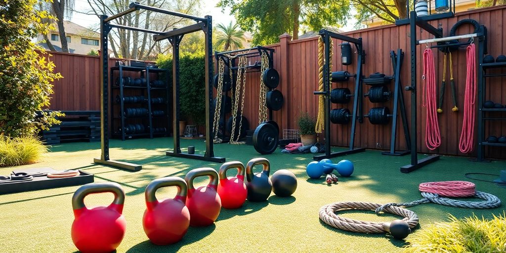 Backyard CrossFit gym with equipment.