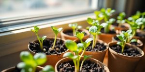 Seedlings sprouting in small pots on a windowsill