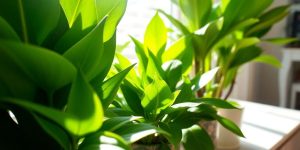 Lush houseplants thrive in a bright, sunny room.