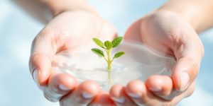 Hands cupping water, green plant sprout