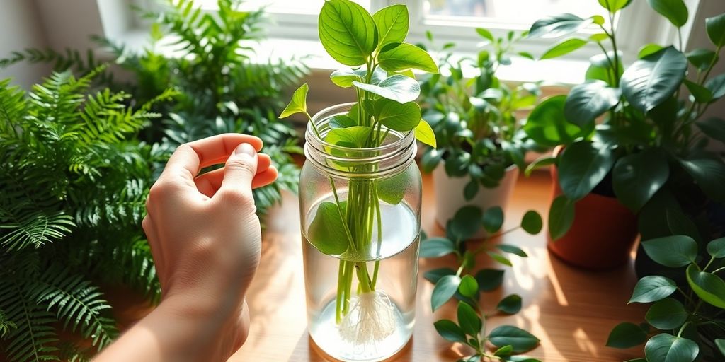 Pothos cutting rooting in glass jar among varied indoor houseplants.