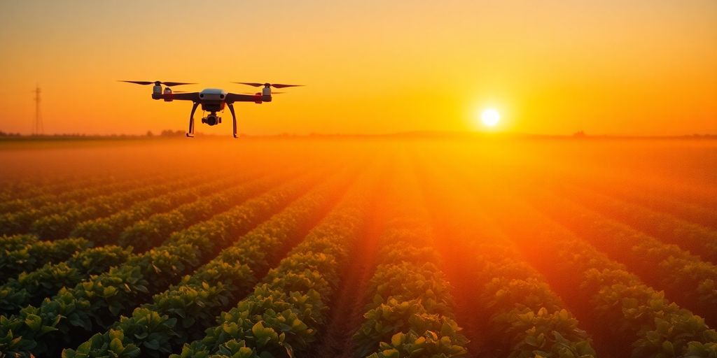 Drones irrigating crops precisely at sunset.