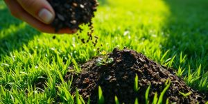 Rich compost spread on a vibrant green lawn.