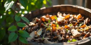 Compost barrel, organic waste, green plants.