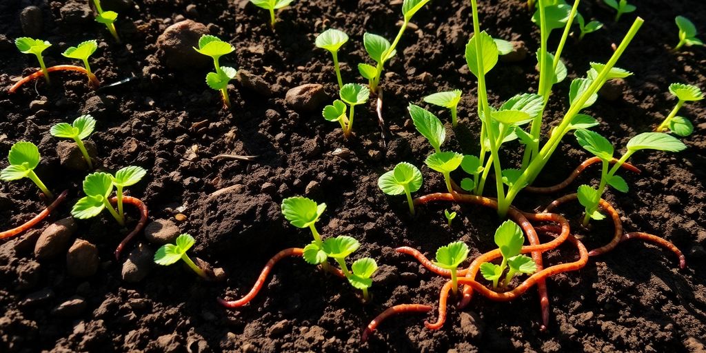 Healthy soil with thriving plants and beneficial decomposers.