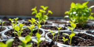 Tiny seedlings sprouting from soil in small pots.